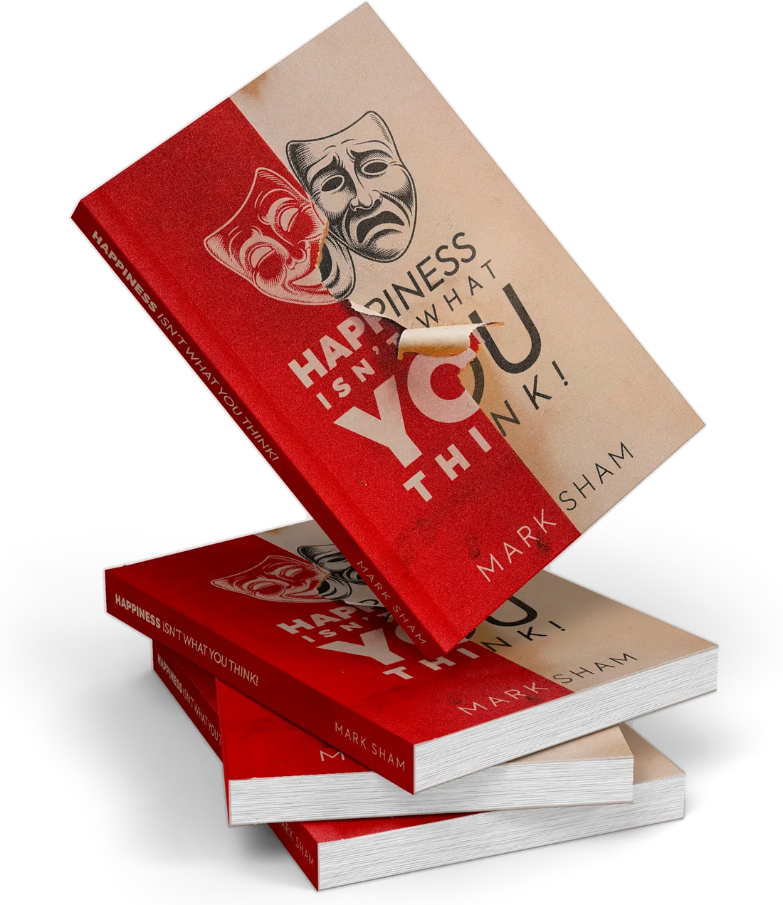 A stack of Happiness Isn’t What You Think paperbacks, with one copy balanced on its corner